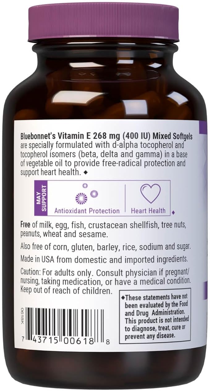Bluebonnet Nutrition Vitamin E 400 IU (268 mg) Mixed Tocopherols Softgels Free Radical Portection &amp Cardiovascular Support Gluten-Free Dairy-Free Softgels Servings 100 Count