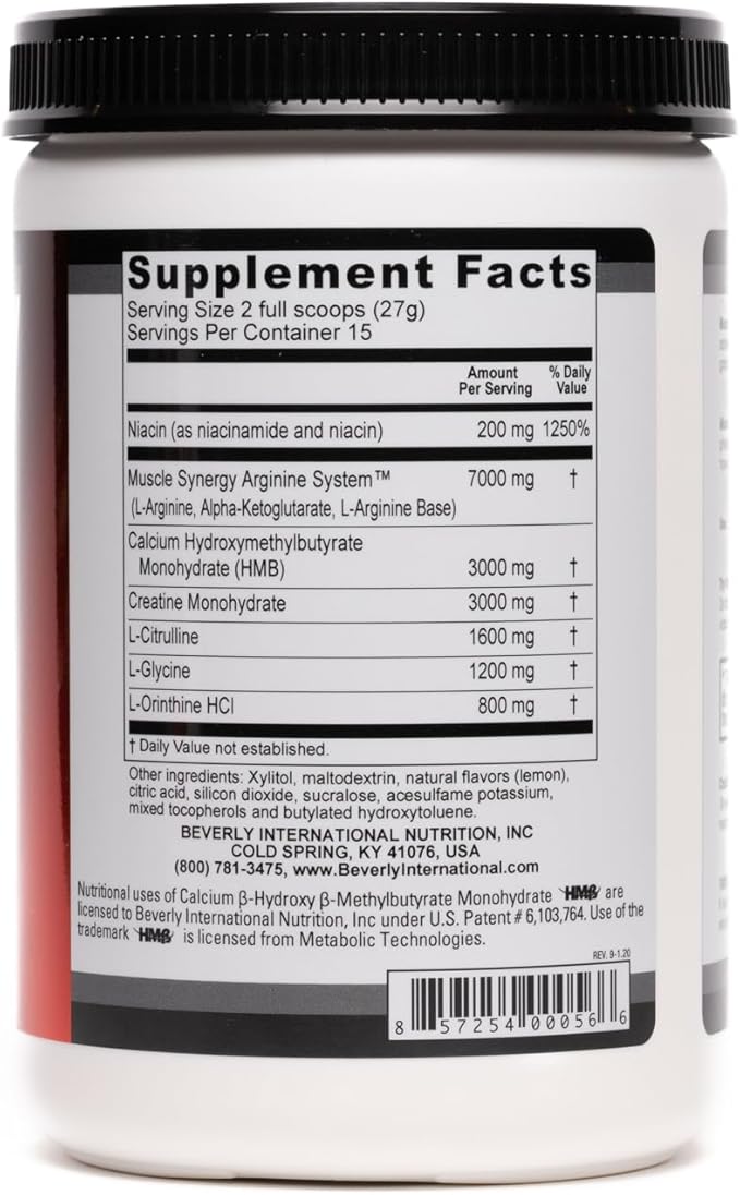 Beverly International Muscle Synergy 405g (Lemon Powder 14.3 oz) Dramatic Muscle Pump Size &amp Strength Maximizing Drink Mix w/HMB. L-Arginine L-Citrulline Creatine Monohydrate L-Ornithine