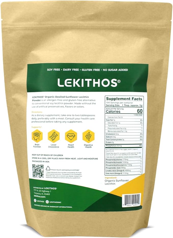 Organic Sunflower Lecithin Powder (Deoiled) | 1770mg Phosphatidylcholine Per Serving | Omega-6 &amp Omega-9 Fatty Acids | USDA Organic Non-GMO Soy-Free Gluten-Free Vegan | 3lb (1360g)