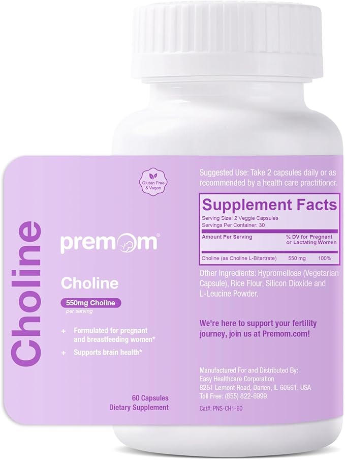 Premom Prenatal Choline Bitartrate Supplement: 550mg for Cognitive Development Meet Daily Needs– Nutritional Support for Pregnancy &amp Metabolism Baby Brain Development – 60 Capsules 30 Days Suppl