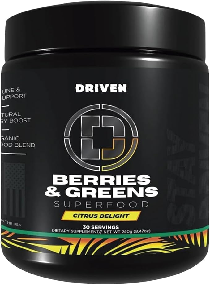 Driven B&ampG Berries &amp Greens Superfood Powder 30 Servings - Organic Plant-Based Formula with Probiotics &amp Digestive Enzymes -Supports Recovery Healthy Digestion and Immune Function (Citr