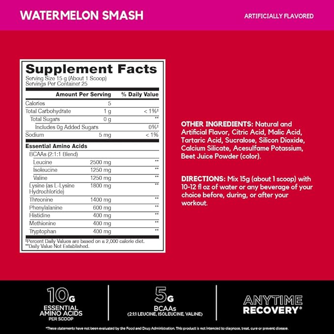 BSN Amino X EAAs Muscle Recovery &amp Endurance 10g Essential Amino Acids 5g BCAAs Zero Sugar Caffeine Free Watermelon Splash 13.2oz 25 Servings