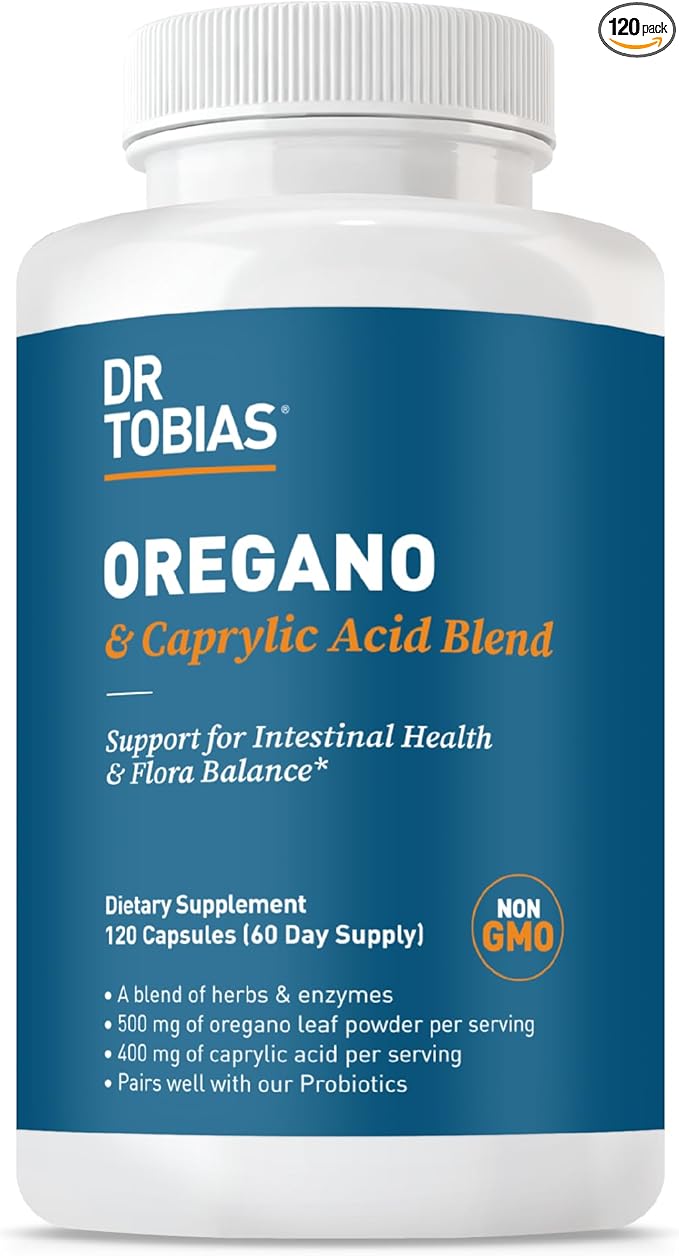 Dr. Tobias Oregano and Caprylic Acid Blend Gut Flora Balance Complex with Probiotics &amp Enzymes for Intestinal and Immune Support Gut Health Supplements for Women &amp Men 120 Capsules 60 Serv