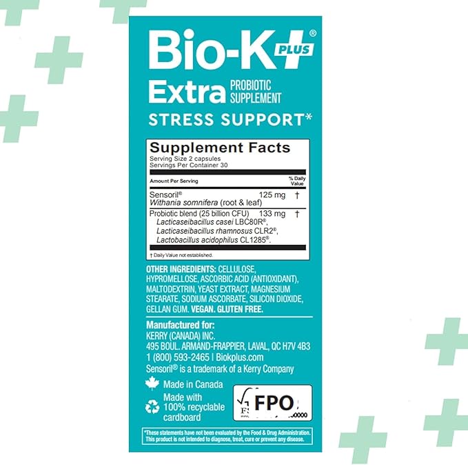 Bio-K+ Probiotic for Stress Support with Sensoril® Ashwagandha Daily Probiotic Supplement to Support Stress &amp Sleep 25 Billion CFU Vegan Shelf-Stable – 60 Capsules