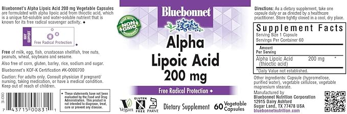Bluebonnet Alpha Lipoic Acid 200mg - Powerful Antioxidant Nerve Support Supplement - For Women &amp Men Daily - Non-GMO Vegan Kosher - Gluten-Free Soy-Free Dairy-Free - 60 Vegetable Capsules