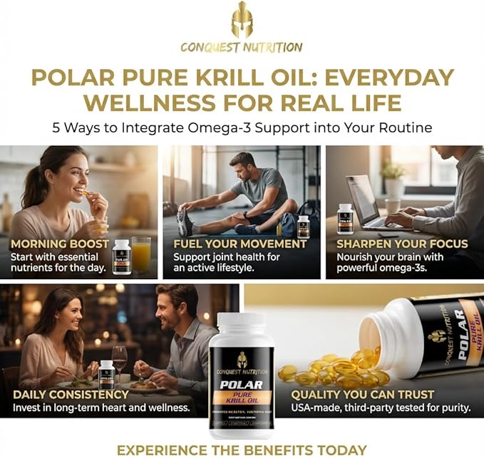 Polar Pure Krill Oil. Phospholipid-Bound Omega-3 DHA EPA Astaxanthin. Support for Heart Brain Eyes &amp Comfortable Movement. Health &amp Wellness Support. 30 Softgels