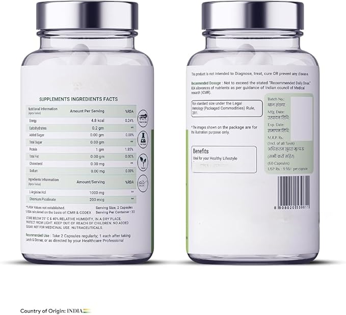 Organics L Arginine 1000 mg with Chromium Picolinate Good for Muscle Growth StaminaGood Recovery Immune Booster &amp Energy for All-60 Veg Capsules.