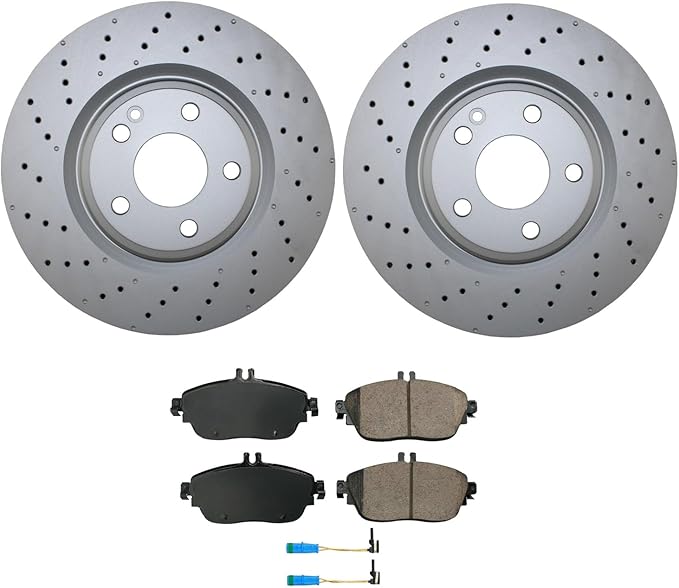 Drilled Coated Vented 320mm 5 Lugs Disc Rotors and Akebono EURO Ceramic Pads Electronic Sensors Front Brake Kit For Infiniti QX30 Benz C117 CLA250 X156 GLA250 2.0L L4 Sport Package