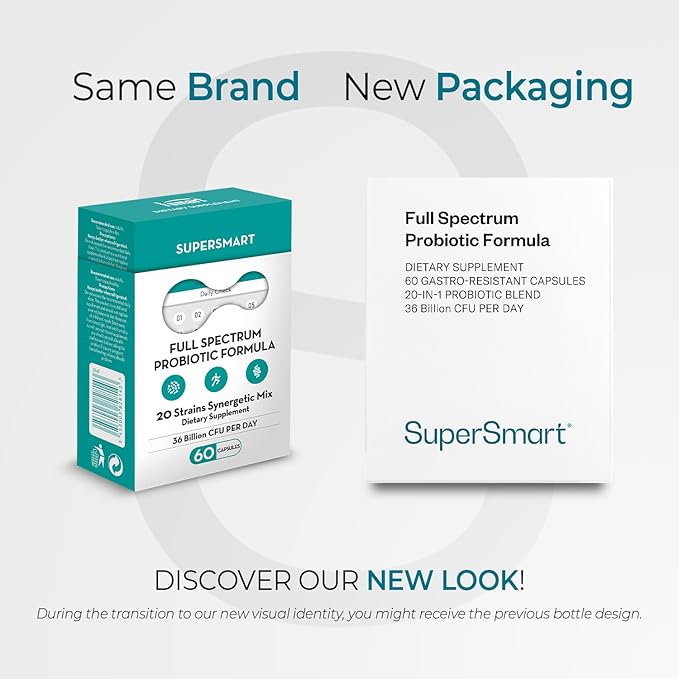 Supersmart Full Spectrum Probiotic Formula 36 Billion CFU per Day (20-in-1 Complex) - with Lactobacillus Reuteri Gasseri Rhamnosus Crispatus | Non-GMO &amp Gluten Free - 60 Vegetarian Capsules