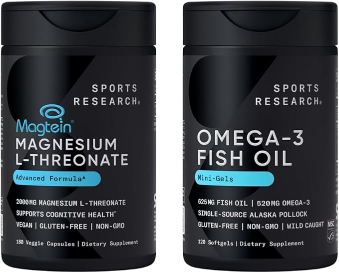 Sports Research Cognitive Health Large Pack with Fish Oil Mini-Softgels (Easy to Swallow) Omega-3 Fatty Acids from Wild Caught Alaska Pollock &amp Magtein Magnesium L-Threonate Supplement