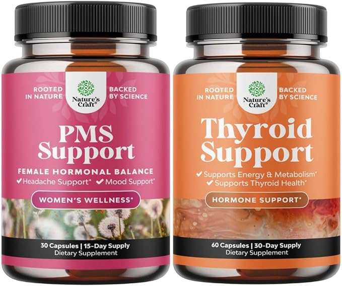 Bundle of PMS Support with DIM Chasteberr Black Cohosh Ashwagandha for Period Cramps Menopause Mood Swing and Thyroid Support with L Tyrosine Bladderwrack Selenium &amp Ashwagandha for Hormone Balan