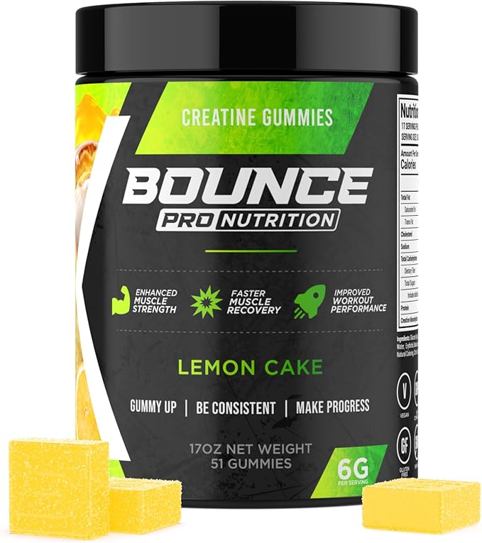 Bounce Pro Creatine Monohydrate Gummies for Men &amp Women Low Calorie 6G of Creatine per Serving Vegan Anti-Melting Gluten-Free Non-GMO (51 Count (Pack of 1) Lemon Cake)