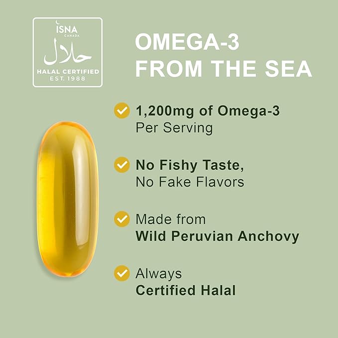 Noor Vitamins Halal Fish Oil Halal Vitamins Ultra Omega 3 Wild Peruvian Fish (800 mg EPA &amp 400 mg DHA) Heart Brain &amp Joint Support Non-GMO and Gluten Free (120 Count)
