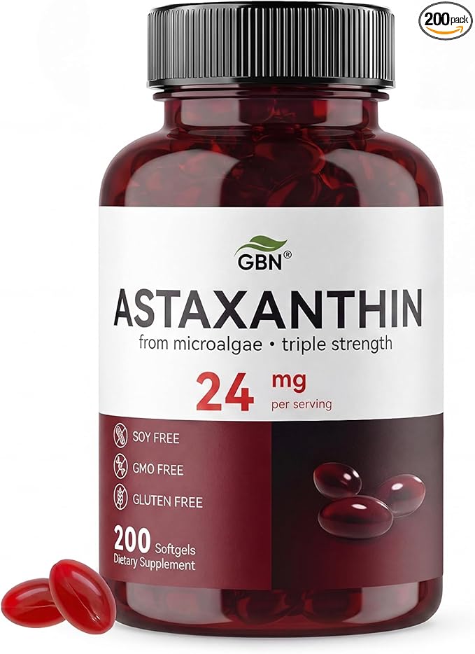 GBN Astaxanthin Supplements 24mg 200 Softgels Supports Eye Skin Joint Brain Heart &amp Immune System Health Stamina &amp Healthy Aging for Women &amp Men Fresh Microalgae Source