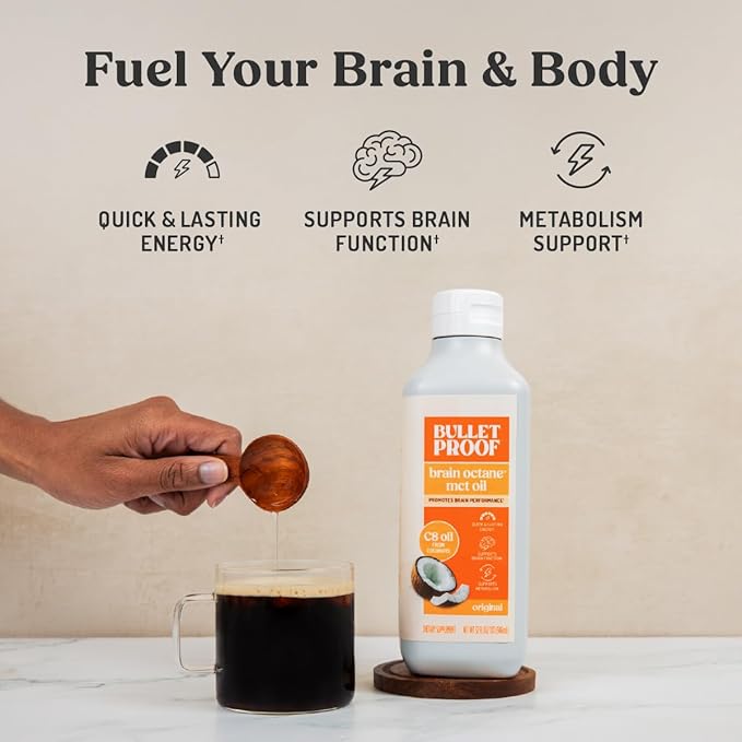 Bulletproof Brain Octane C8 MCT Oil 32 oz (Pack of 3) – 100% Pure Coconut Oil Triple-Distilled Keto Energy Supplement for Coffee &amp Smoothies Unflavored No Additives or Fillers Non-GMO