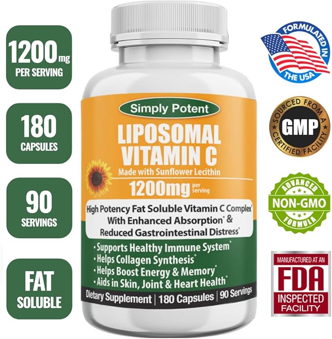Simply Potent Liposomal Vitamin C 1200mg — 180 Capsules (90 Servings) | High Absorption Fat Soluble VIT C | Sunflower Lecithin | Immune Support Collagen &amp Antioxidant | Non-GMO Vegan | Made in U