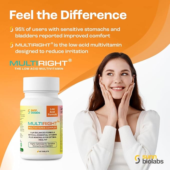 MULTIRIGHT | Low Acid MULTIVITAMIN | Bladder-Friendly | 14 Vitamins &amp 14 Minerals | pH Balanced | Easy on Digestion-Less Acidic | Buffered Vitamin C | 90 Tablets