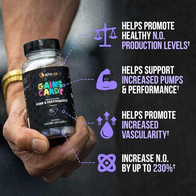 ALPHA LION Gains Candy Supplement Pills for Muscle Pump &amp Blood Flow Nitric Oxide Booster Supports Mental Focus Use Daily to Upgrade Workout Performance 60 Capsules (S7)