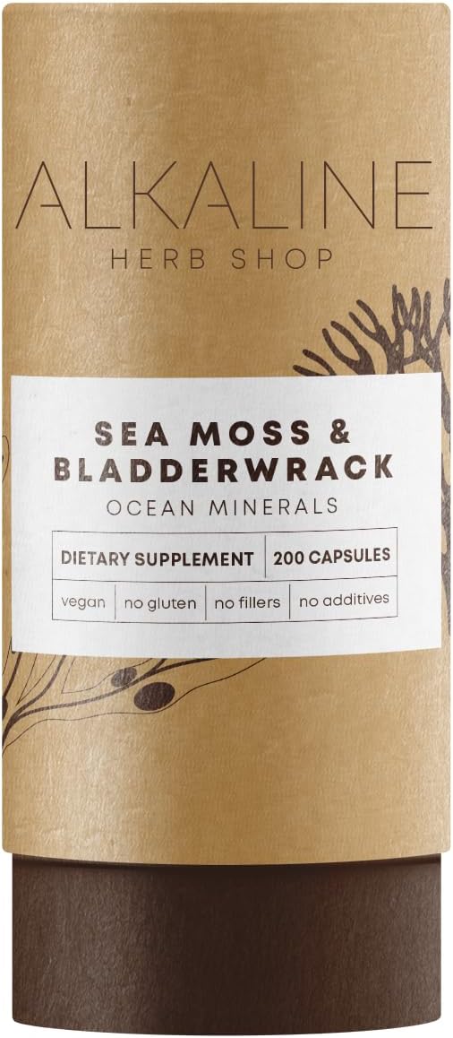 Alkaline Herb Shop Sea Moss &amp Bladderwrack Supplement 200 Capsules - Wildcrafted Vegetable Capsules for Cardiovascular Thyroid Hair Skin &amp Nail Support