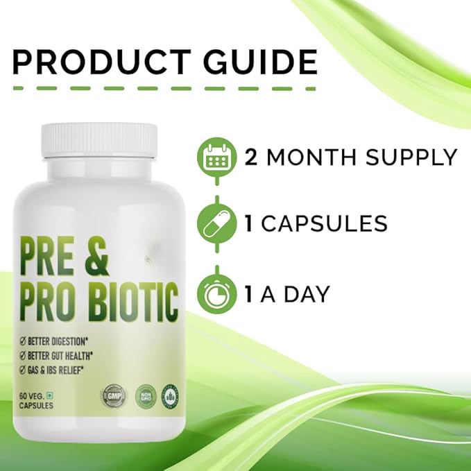 Probiotic and Prebiotic Capsules for Women and Men Gut Health Support for Digestive Wellness- Vegan Non-GMO Gluten Free - 60 Caps (60 Day Servings)