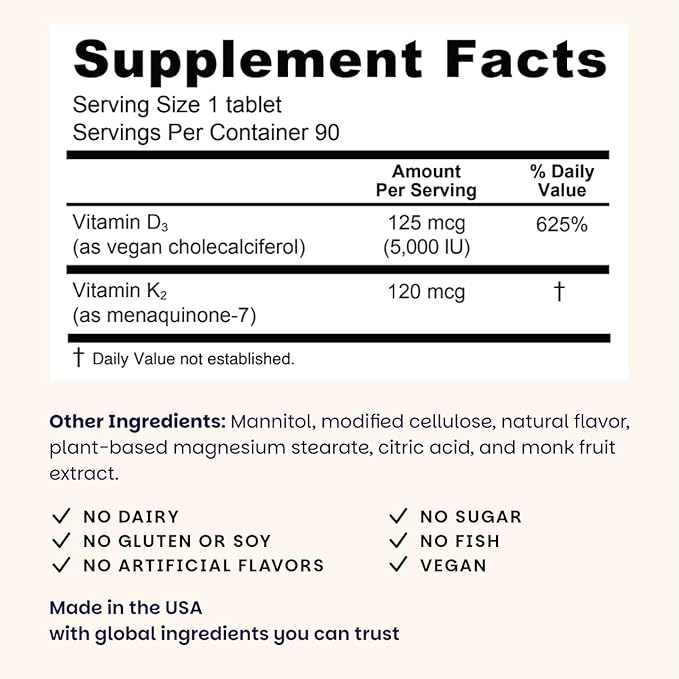 EZ Melts Dissolvable Vegan Vitamin D3 + K2 5000 IU - Bone &amp Heart Health Support - Immune Function Support - No Artificial Flavors - Non-GMO - Green Apple - 90 Dissolvable Tablets (90 Servings)