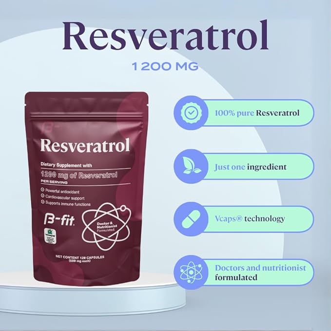 B-FIT Resveratrol 1200mg Supplement 120 Vegan Capsules (2-Month Supply) Supports Healthy Aging Gluten-Free and Preservative-Free Vegan Keto Paleo 100% Pure
