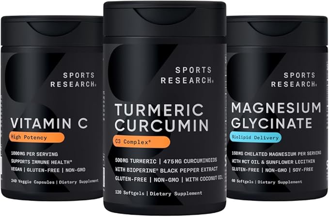 Sports Research® Multivitamins Pack - Turmeric Curcumin C3 Complex + High Potency Vitamin C 1000mg Supplement + 160 mg Chelated Magnesium Glycinate