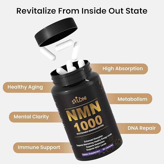 NMN Supplement 1000mg 99% Pure NMN 4-in-1 NAD+ Support with PQQ CoQ10 L-Ergothioneine 60 Capsules Nicotinamide Mononucleotide - Anti-Aging Energy Boost DNA Repair for Adults Vegan