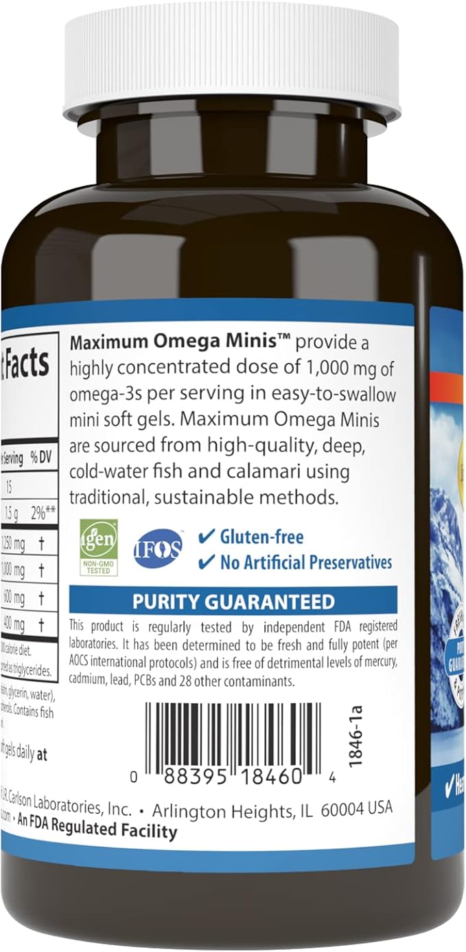 Carlson - Maximum Omega Minis 1000 mg Omega-3s Heart Function Brain Support &amp Healthy Aging Lemon 120 Mini Softgels