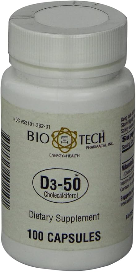 Bio-Tech Pharmacal D3-50 50000 IU 100 Capsules Ð All-Natural Supplement Ð Supports Bone Heart Neuromuscular &amp Immune Health Ð No Dairy Fish Gluten Peanut Shellfish &amp Soy