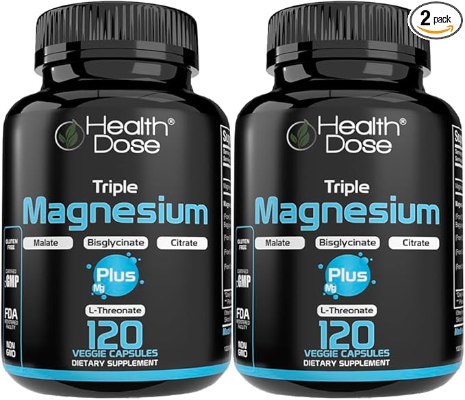 Health Dose Triple Magnesium Complex 1000 mg | L-Threonate Bisglycinate Citrate &amp Malate Blend | Support for Muscle Relaxation Sleep &amp Cognitive Function | 120 Capsules | All-in-One Formula