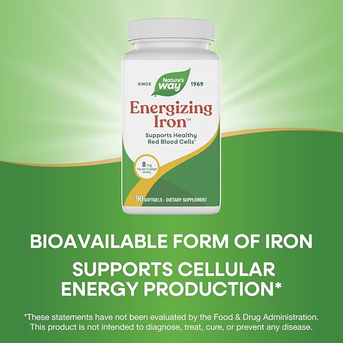 Nature's Way Energizing Iron - Red Blood Cell Support* - 8 mg Iron -200 mcg of Cyanocobalamin &amp Vitamin B12 per 2-Softgel Serving - Gluten Free - 90 Softgels