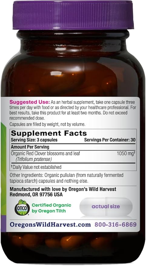 Oregon's Wild Harvest Red Clover Capsules Non-GMO Organic Herbal Supplements 90 CountOrganic Red Clover Blossoms and Leaf (Trifolium pratense) Non-GMO Vegan Capsules and Nothing Else