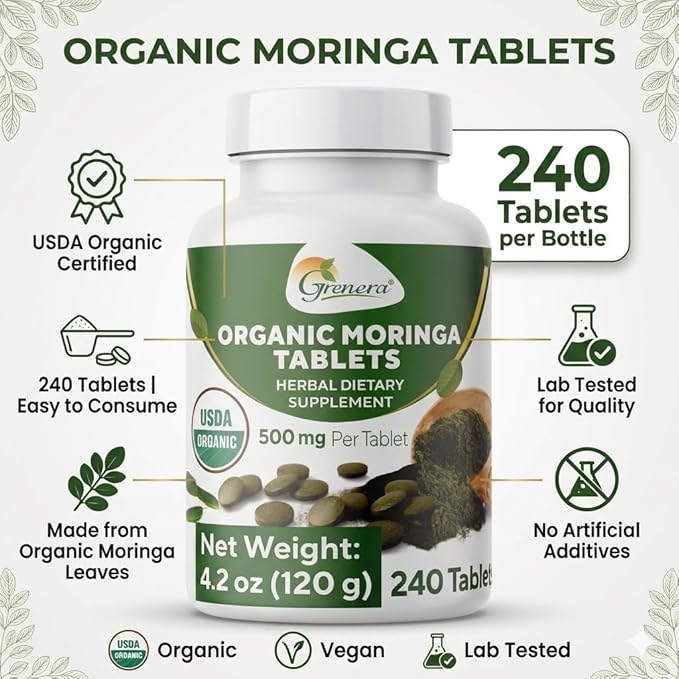 Grenera Organic Moringa Tablets 240 nos Uncoated USDA Organic Certified Malunggay Herbal Supplement No Chemical Coating Green Superfood Lab Tested for Purity