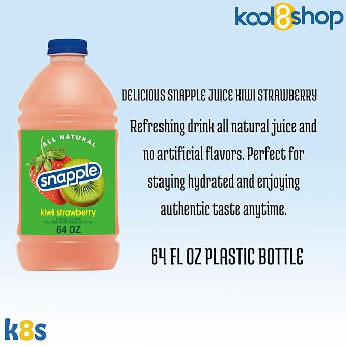Snapple Kiwi Strawberry All Natural Fruit Juice 64 fl oz Plastic Bottle 4 Pack + 15 Sugarcane Disposable Straws by KOOL8SHOP Infinite Deals