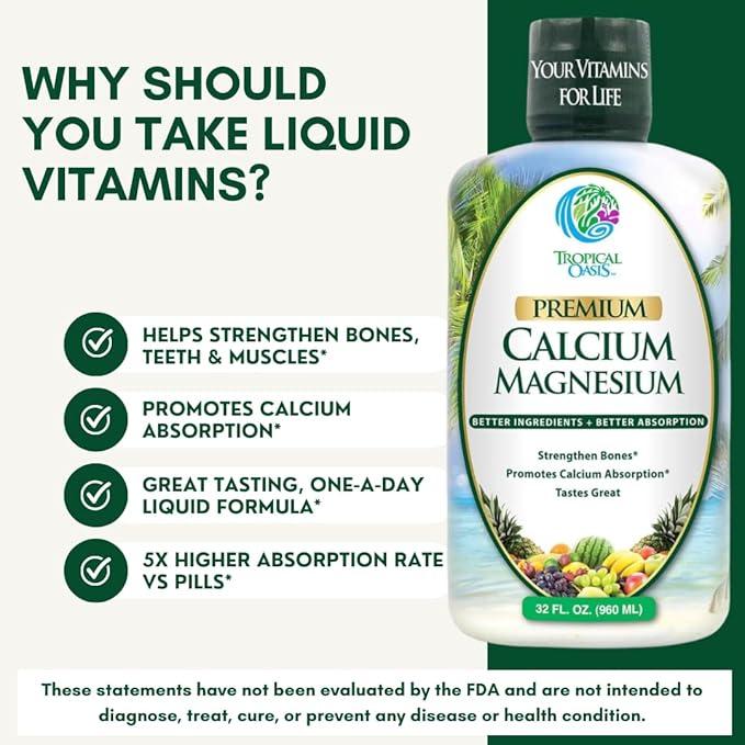 Premium Liquid Calcium Magnesium Citrate - Natural formula w/ support for strong bones - Liquid Vitamin Supplement w/ Calcium Magnesium Boron &amp Vitamin D3 – Up to 98% Absorption Rate- 32oz 64 S