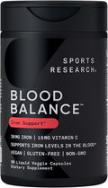 Sports Research® Blood Balance Iron Supplement - 36 MG Iron + Folate &amp Vitamin C for Absorption - Red Blood Cell Support for Women &amp Men* - Vegan Certified · Non-GMO · Gluten-Free - 90 Capsule