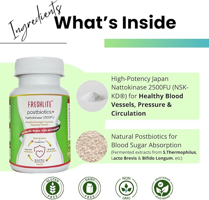 FRESHLITE 2500FU Premium NSK-SD Nattokinase &amp Vegan Postbiotics for Cardiovascular Support | Blood Pressure Cholesterol &amp Heart Health | JNKA Certified | Non-GMO Gluten-Free 60 Capsules Jap