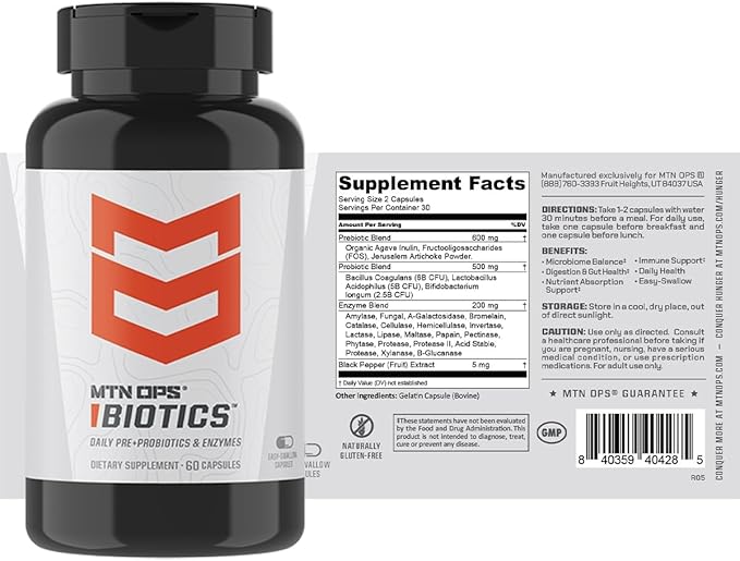 MTN OPS Biotics Daily Probiotic Maca Root Boswellia Reishi Mushroom Capsules Prebiotic with American Ginseng 60 Capsules 30 Servings