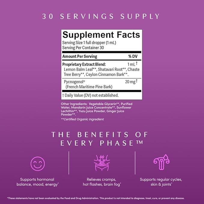 Apothékary Every Phase Natural Hormone Support Hormone-Free Herbal Liquid Drops Clinically-Proven Mediterranean Pine Bark Chaste Tree Berry Menstrual and Menopause Support 1 oz 30 Servings