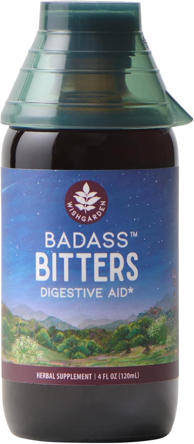 WishGarden Herbs Badass Bitters Organic Digestive Bitters Gentian Root &amp Fenugreek Herbal Formula for Bloating &amp Digestion Swedish Bitters Liquid Drops Gluten-Free Vegan 4oz