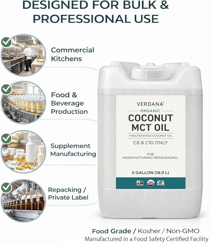 Verdana USDA Organic Coconut MCT Oil 5 Gallon (18.9 L) Bulk Size C8 &amp C10 Only Food Grade Non-GMO Kosher No Palm Kernel Oil