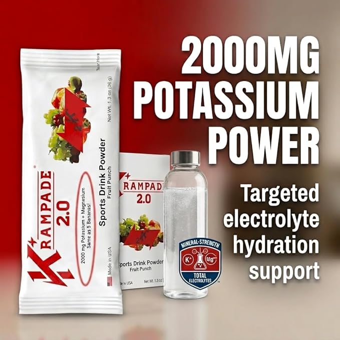 Krampade High Potassium Electrolytes Powder Fruit Punch 3950mg Electrolytes 2000mg Potassium 50mg Magnesium Cramp Relief &amp Prevention Cellular Hydration Better Endurance &amp Recovery 20 P