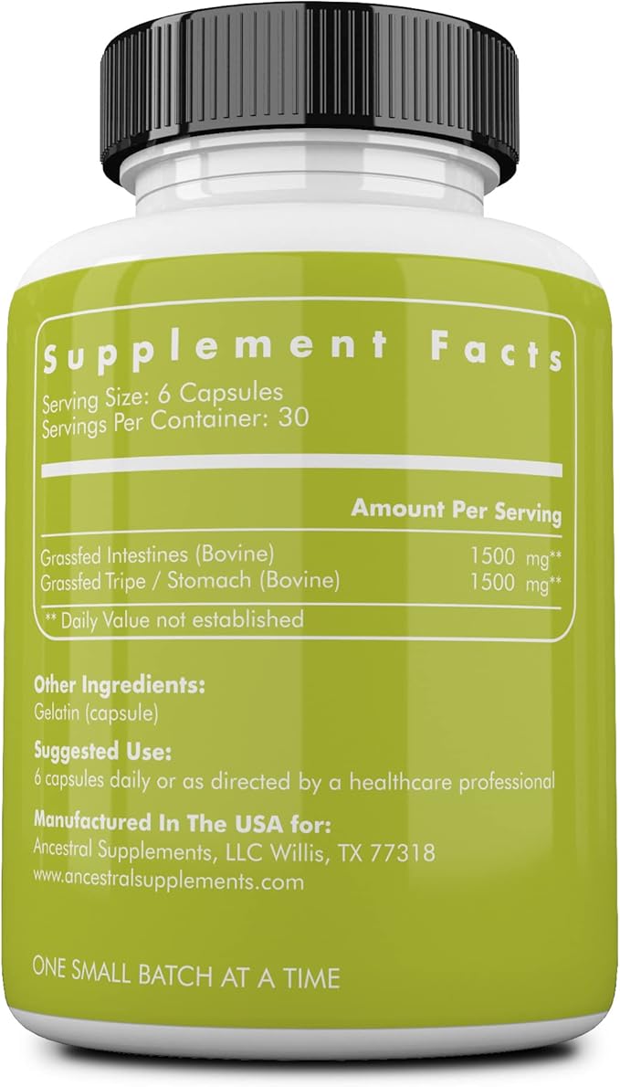 Ancestral Supplements Grass Fed Beef Intestines with Stomach (Tripe) 3000mg Digestion Supplement Supports Acid Reflux and Gut Intestine and Digestive Health Non GMO 180 Capsules