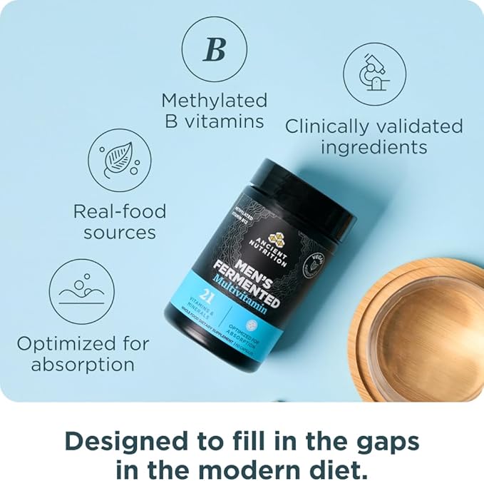 Ancient Nutrition Multivitamin for Men Men's Fermented Multivitamin with Methylated Vitamin A C D E K Zinc &amp Magnesium Immune Support Vegan 60 Ct