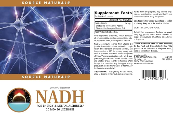 Source Naturals NADH 20mg Boost Energy and Mental Alertness* - 30 Lozenges
