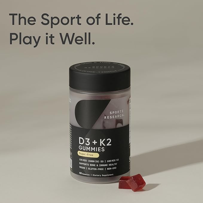 Sports Research® Vegan Vitamin D3 + K2 Sugar-Free Gummies - 125mcg (5000iu) Vitamin D w/ 100mcg Mk7 Vitamin K - Supports Bone &amp Immune Health* - Vegan Certified · Non-GMO · Soy Free - 60 Count