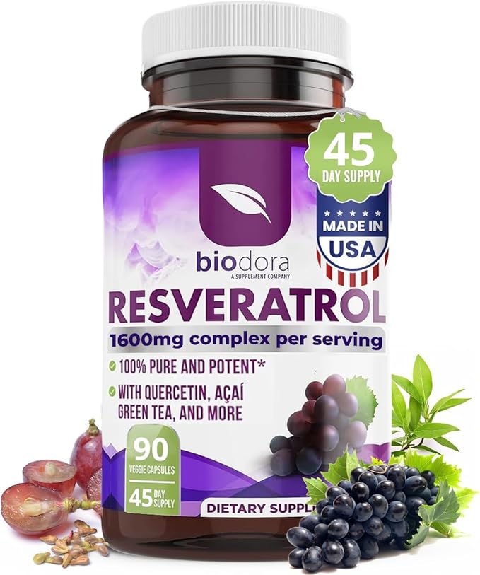 Resveratrol 1600mg - 90 Capsules | Trans-Resveratrol Antioxidant Supplement with Natural Green Tea Grape Seed Polyphenols &amp Quercetin Supports Digestive Heart Health Immune System Brain Funct