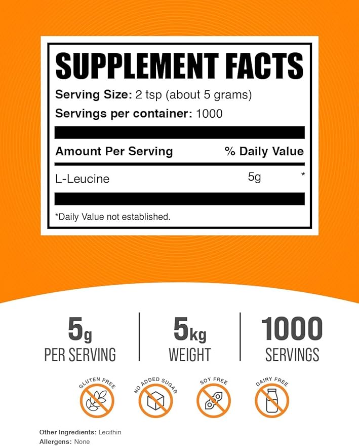 BulkSupplements.com L-Leucine Powder - Leucine Supplements BCAA Supplements - Amino Acid Powder Unflavored 5g per Serving 1kg (Pack of 5) (11 lbs)