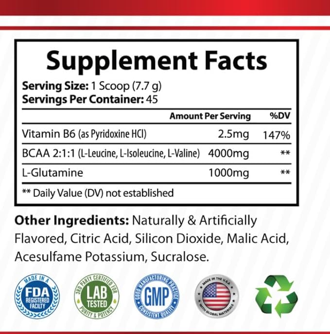Punch Blast BCAA Powder – Fruit Punch Flavor – Intra Workout Amino Acids with Glutamine &amp Vitamin B6 – 45 Servings – Muscle Recovery &amp Strength Support Supplement